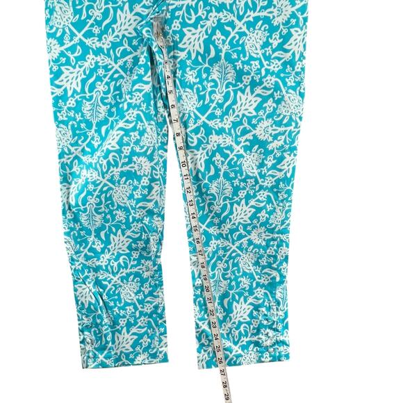 Lilly & Van Chino Pants Women 6 Blue White Floral Tiger Crop Stretch Tropical - Picture 8 of 12